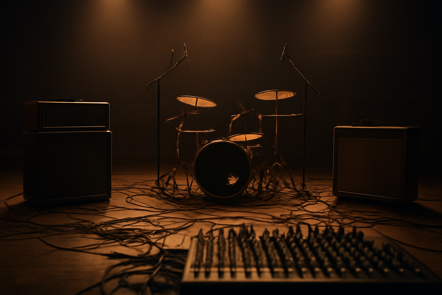 Peralatan band rock di atas panggung konser saat sesi soundcheck berlangsung