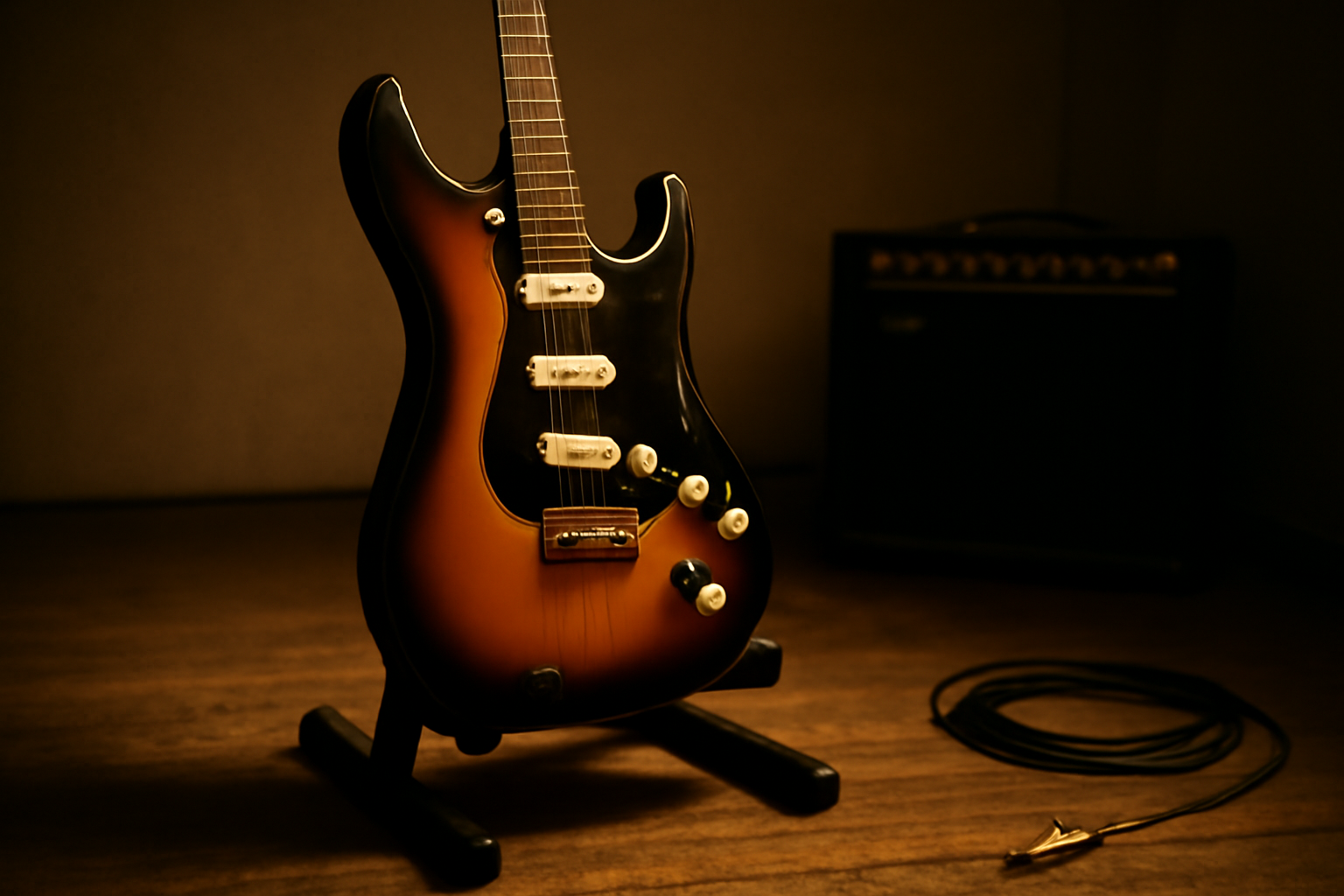 Gitar listrik di atas stand di ruang latihan dengan amplifier di latar belakang