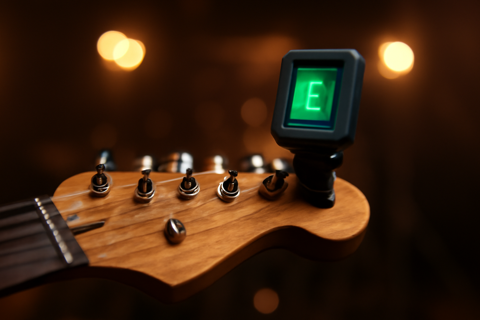 Gitar listrik sedang disetel dengan tuner clip-on di headstock