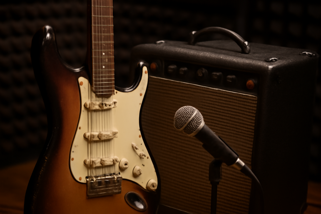 Gitar listrik dan amplifier tabung dengan mikrofon dinamis di depan speaker untuk sesi rekaman di studio rumahan