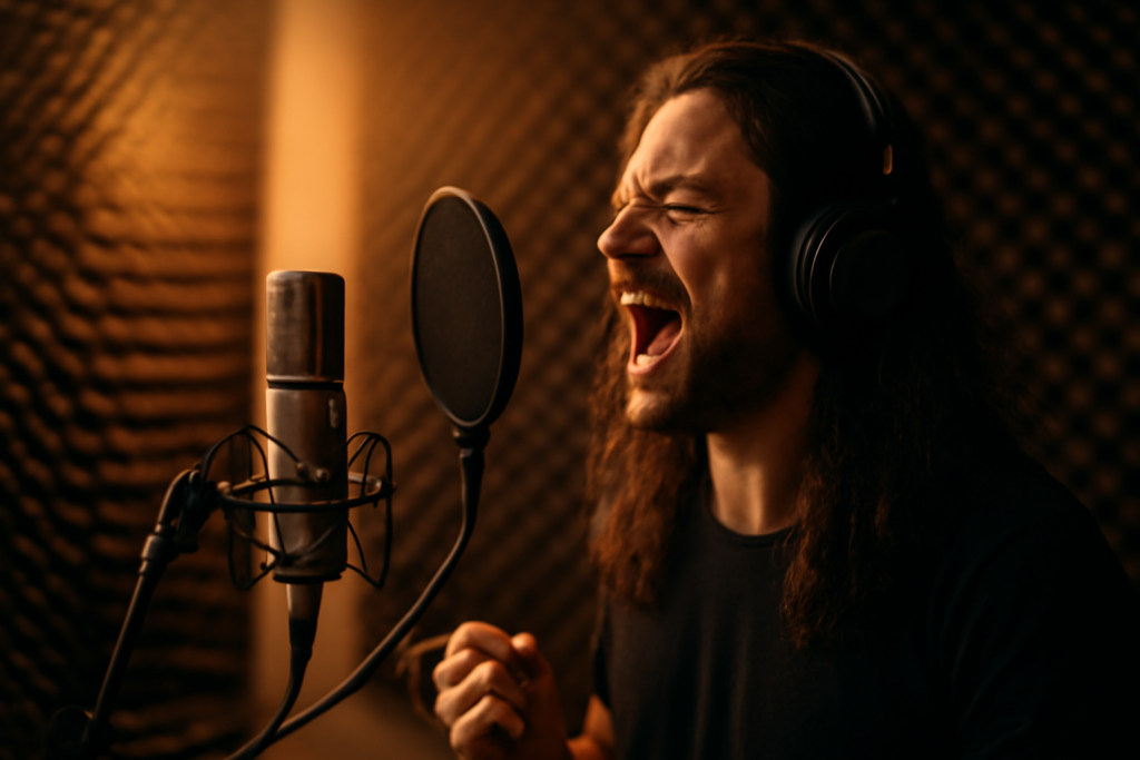 Penyanyi rock merekam vokal di studio rumahan dengan mikrofon dinamis dan pop filter